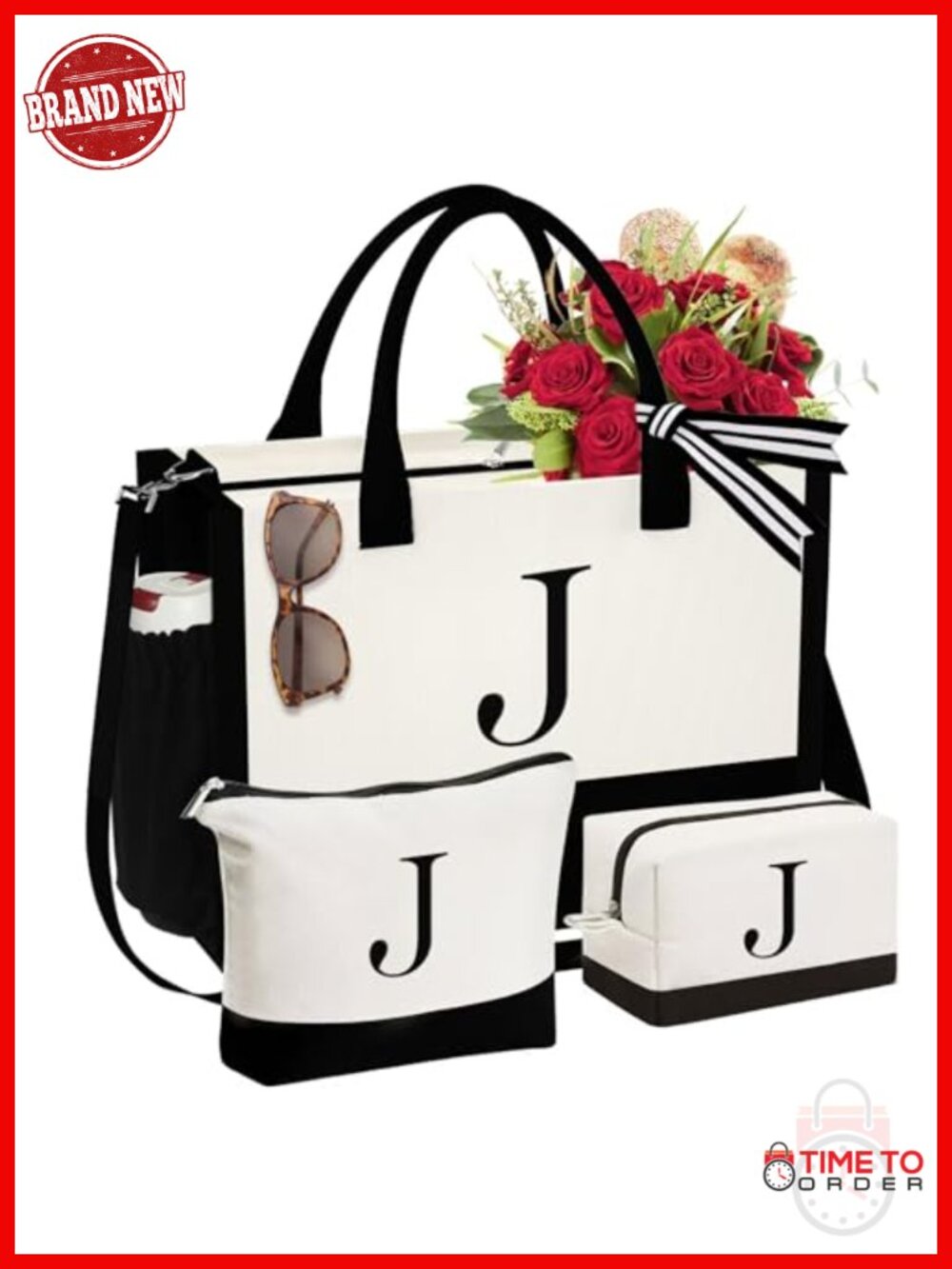 Initial Canvas Tote Bag & Makeup Bag Set with Zipper Closure